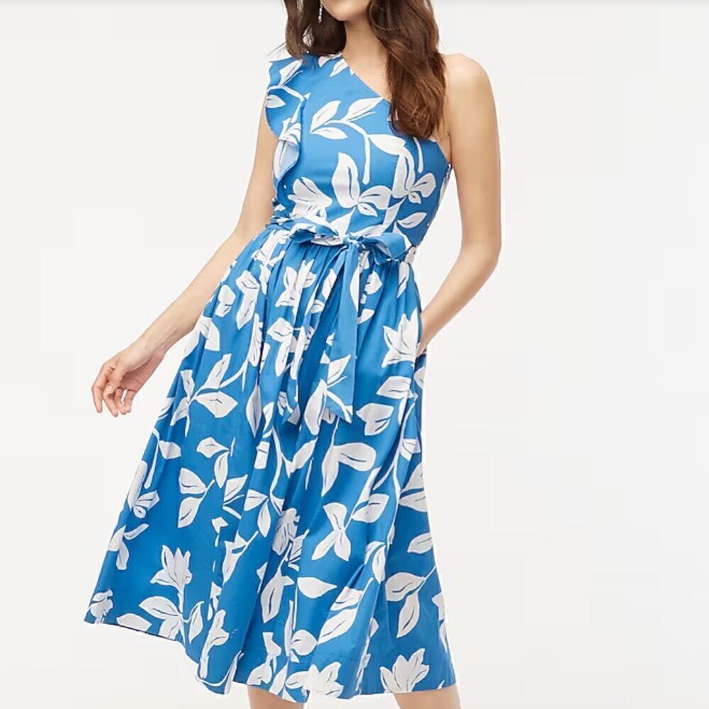 J. Crew Factory one-shoulder santorini white and blue midi dress NWT